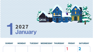 2027年1月縦型の日曜始まり 北欧調雪イラストおしゃれA4無料カレンダー