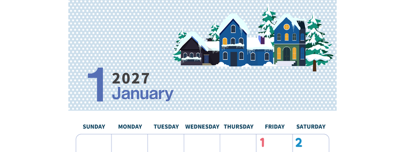 2027年1月縦型の日曜始まり 北欧調雪イラストおしゃれA4無料カレンダー