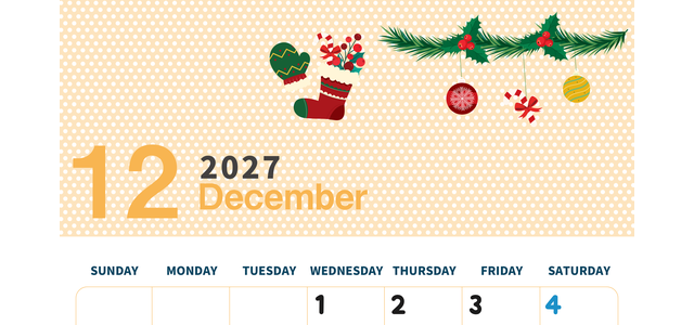 2027年12月縦型の日曜始まり クリスマスイラストのおしゃれA4無料カレンダー