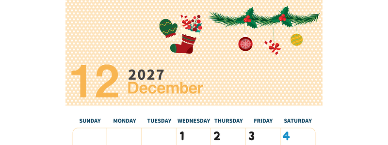 2027年12月縦型の日曜始まり クリスマスイラストのおしゃれA4無料カレンダー