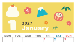 2027年1月縦型の月曜始まり かがみもちイラストのかわいいA4無料カレンダー