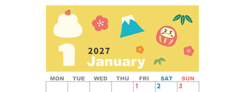 2027年1月縦型の月曜始まり かがみもちイラストのかわいいA4無料カレンダー