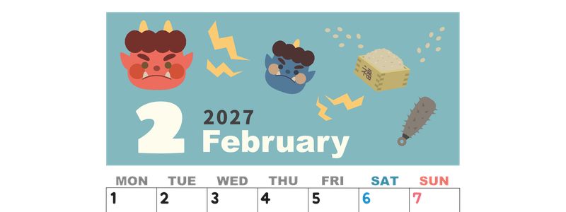 2027年2月縦型の月曜始まり 赤鬼と青鬼がかわいいイラストA4無料カレンダー