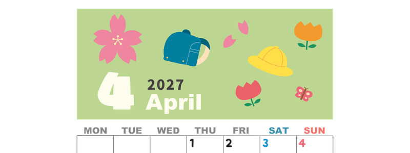 2027年4月縦型の月曜始まり ランドセルイラストのかわいいA4無料カレンダー
