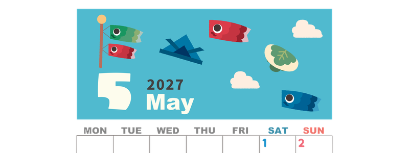 2027年5月縦型の月曜始まり 行事イラストのかわいいA4無料カレンダー