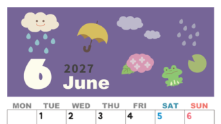 2027年6月縦型の月曜始まり 雨イラストのかわいいA4無料カレンダー