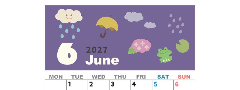2027年6月縦型の月曜始まり 雨イラストのかわいいA4無料カレンダー