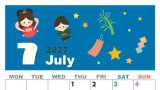 2027年7月縦型の月曜始まり 織姫彦星イラストのかわいいA4無料カレンダー