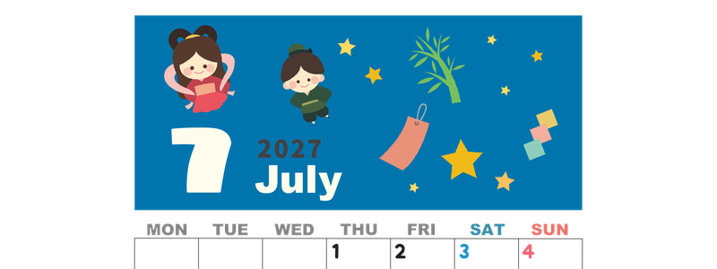 2027年7月縦型の月曜始まり 織姫彦星イラストのかわいいA4無料カレンダー