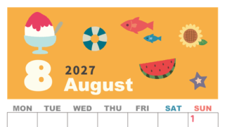 2027年8月縦型の月曜始まり 夏休みイラストのかわいいA4無料カレンダー
