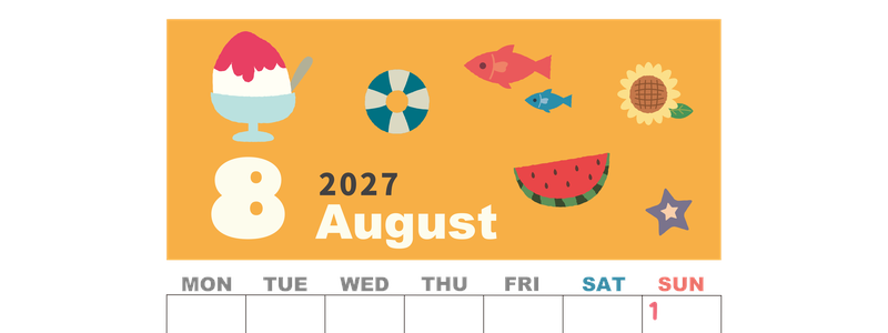 2027年8月縦型の月曜始まり 夏休みイラストのかわいいA4無料カレンダー