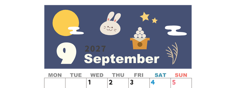 2027年9月縦型の月曜始まり お月見イラストのかわいいA4無料カレンダー