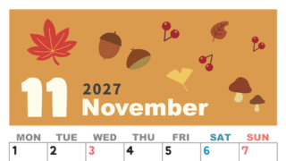 2027年11月縦型の月曜始まり どんぐりイラストのかわいいA4無料カレンダー