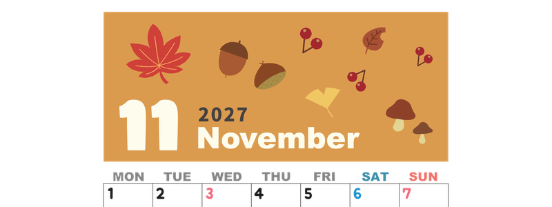 2027年11月縦型の月曜始まり どんぐりイラストのかわいいA4無料カレンダー