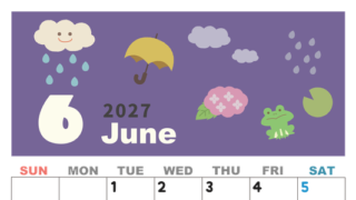 2027年6月縦型の日曜始まり 雨イラストのかわいいA4無料カレンダー