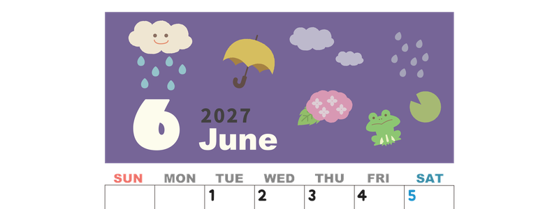 2027年6月縦型の日曜始まり 雨イラストのかわいいA4無料カレンダー