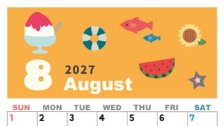 2027年8月縦型の日曜始まり 夏休みイラストのかわいいA4無料カレンダー