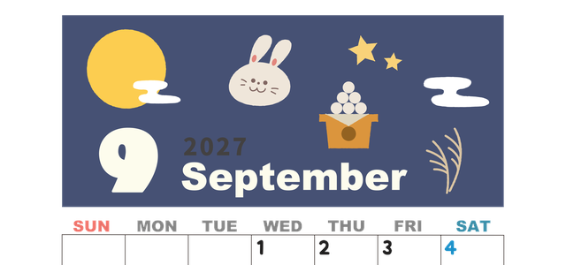 2027年9月縦型の日曜始まり お月見イラストのかわいいA4無料カレンダー