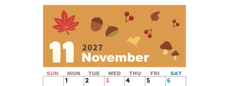 2027年11月縦型の日曜始まり どんぐりイラストのかわいいA4無料カレンダー