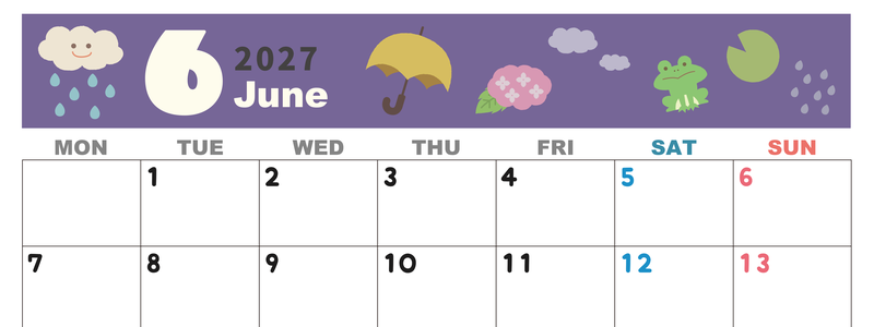2027年6月横型の月曜始まり 雨イラストのかわいいA4無料カレンダー
