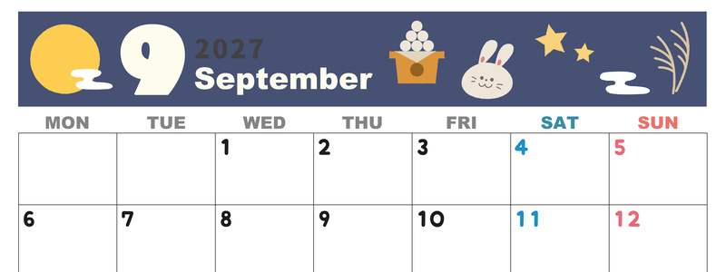 2027年9月横型の月曜始まり お月見イラストのかわいいA4無料カレンダー