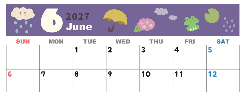 2027年6月横型の日曜始まり 雨イラストのかわいいA4無料カレンダー