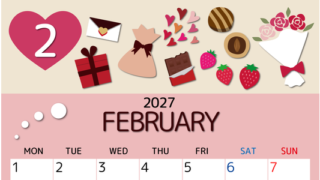 2027年2月縦型の月曜始まり プレゼントがかわいいイラストA4無料カレンダー