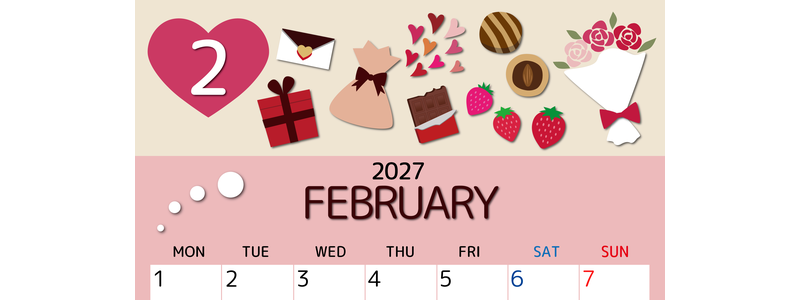 2027年2月縦型の月曜始まり プレゼントがかわいいイラストA4無料カレンダー