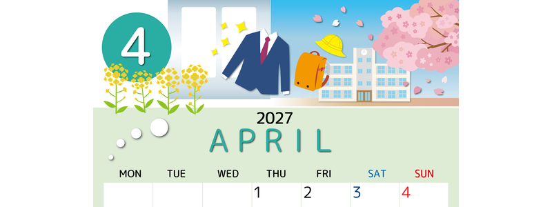 2027年4月縦型の月曜始まり 入学式イラストのかわいいA4無料カレンダー