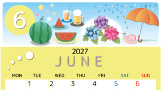 2027年6月縦型の月曜始まり すいかイラストのかわいいA4無料カレンダー