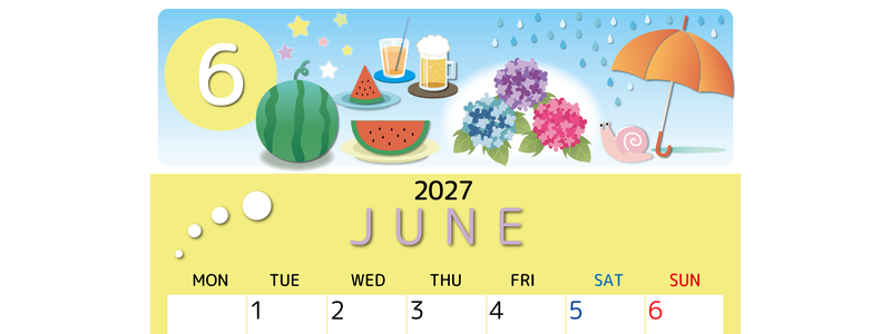 2027年6月縦型の月曜始まり すいかイラストのかわいいA4無料カレンダー