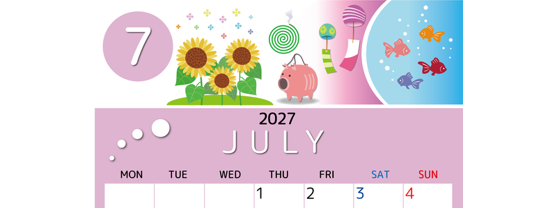 2027年7月縦型の月曜始まり 蚊取り線香イラストのかわいいA4無料カレンダー