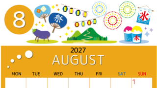 2027年8月縦型の月曜始まり 夏祭りイラストのかわいいA4無料カレンダー