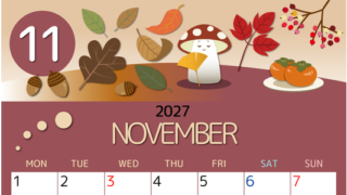 2027年11月縦型の月曜始まり きのこイラストのかわいいA4無料カレンダー