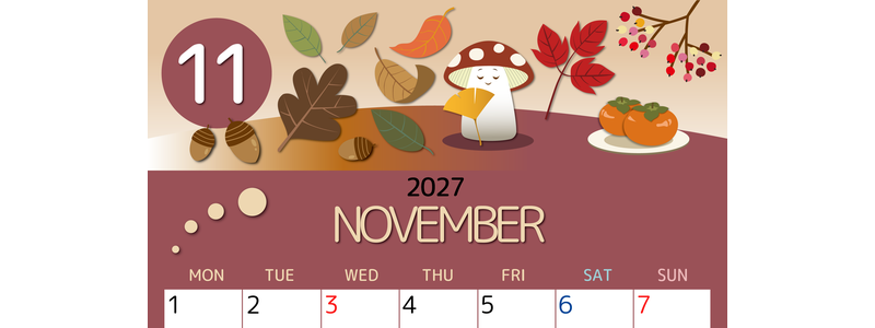 2027年11月縦型の月曜始まり きのこイラストのかわいいA4無料カレンダー