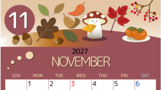 2027年11月縦型の日曜始まり きのこイラストのかわいいA4無料カレンダー