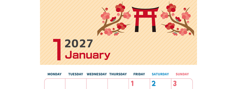 2027年1月縦型の日曜始まり めでたい鳥居イラストのかわいいA4無料カレンダー