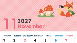 2027年11月縦型の月曜始まり 小動物イラストのかわいいA4無料カレンダー