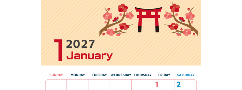 2027年1月縦型の日曜始まり 赤い鳥居イラストのかわいいA4無料カレンダー