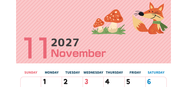 2027年11月縦型の日曜始まり 小動物イラストのかわいいA4無料カレンダー