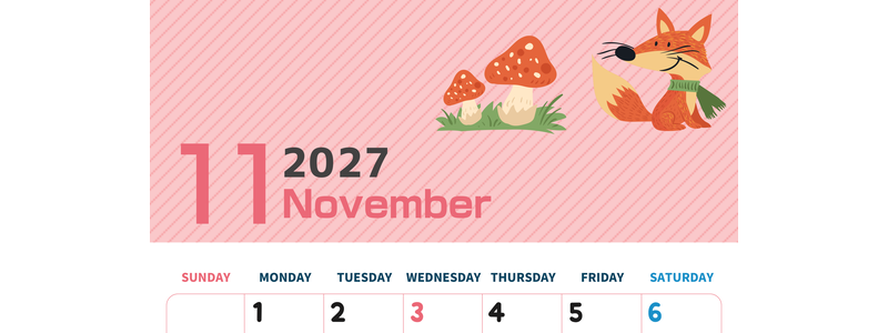 2027年11月縦型の日曜始まり 小動物イラストのかわいいA4無料カレンダー