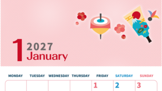 2027年1月縦型の月曜始まり 羽子板のかわいいフリーイラストA4無料カレンダー
