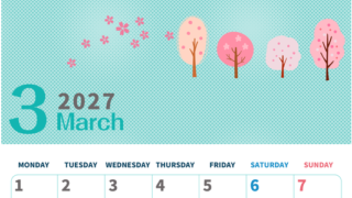 2027年3月縦型の月曜始まり 桜の木イラストのかわいいA4無料カレンダー