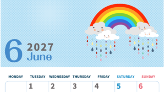 2027年6月縦型の月曜始まり 雨雲イラストのかわいいA4無料カレンダー