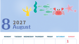 2027年8月縦型の月曜始まり 水族館イラストのかわいいA4無料カレンダー