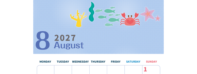 2027年8月縦型の月曜始まり 水族館イラストのかわいいA4無料カレンダー