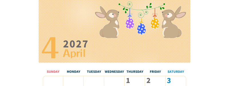 2027年4月縦型の日曜始まり うさぎイラストのかわいいA4無料カレンダー
