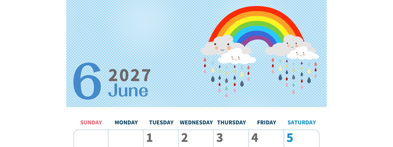 2027年6月縦型の日曜始まり 雨雲イラストのかわいいA4無料カレンダー