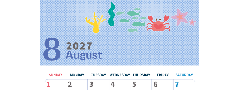 2027年8月縦型の日曜始まり 水族館イラストのかわいいA4無料カレンダー