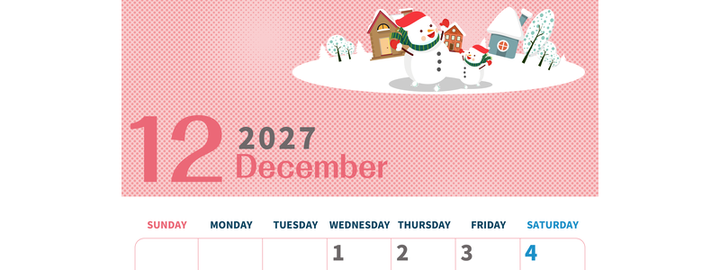2027年12月縦型の日曜始まり 雪景色イラストのかわいいA4無料カレンダー